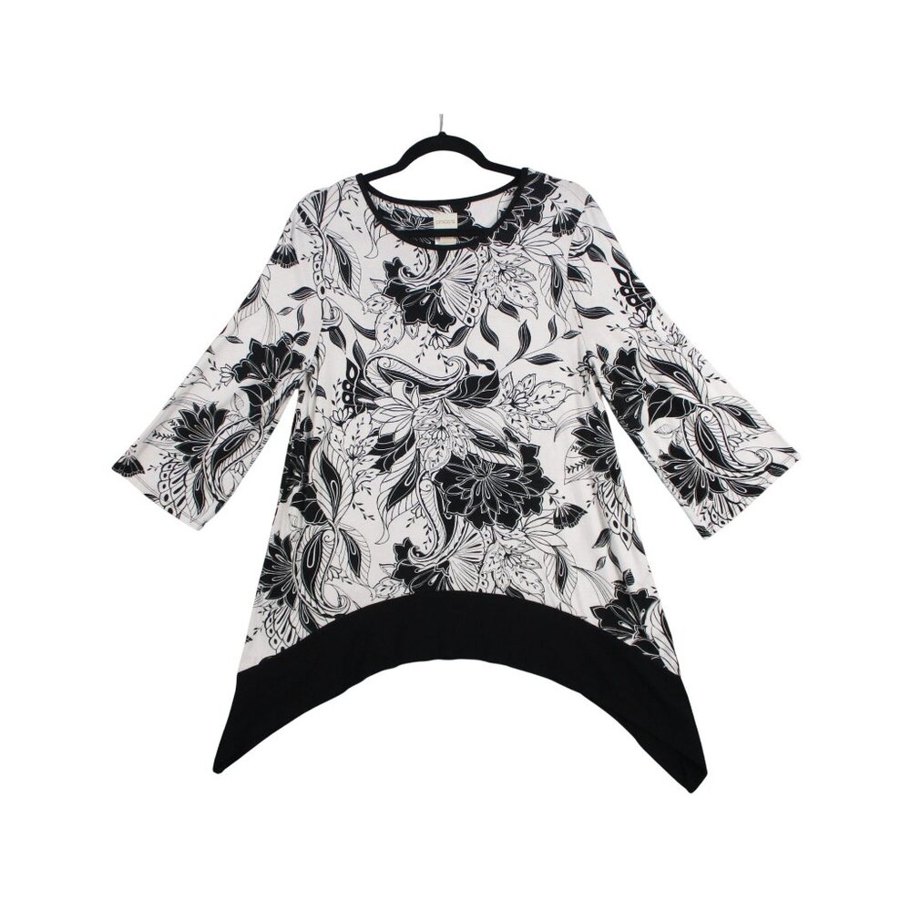 Chicos Black‎ & White Floral Print Asymmetrical Hem Tunic Top Size 1 Rayon Blend